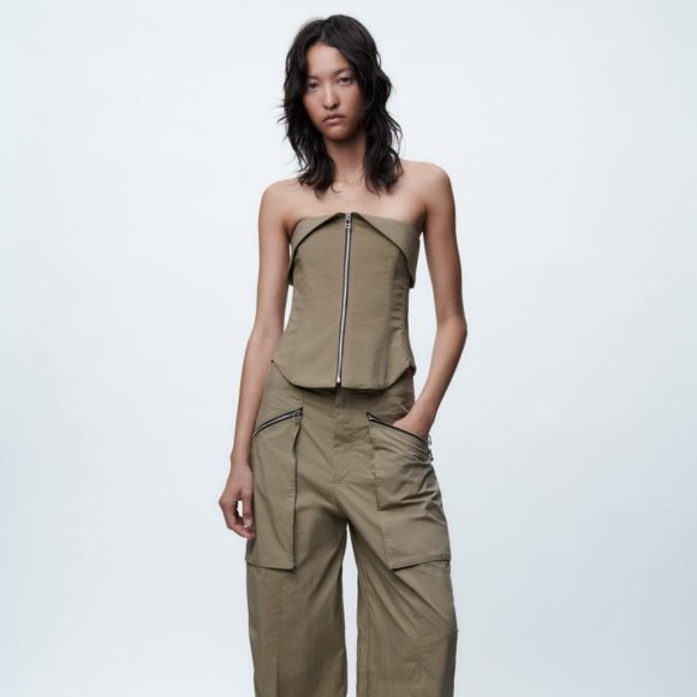 NEW ZARA WOMEN'S 2-Piece ZIPPER BUSTIER/ TOPSTITCHED ZIPPERED CARGO PANTS Khaki